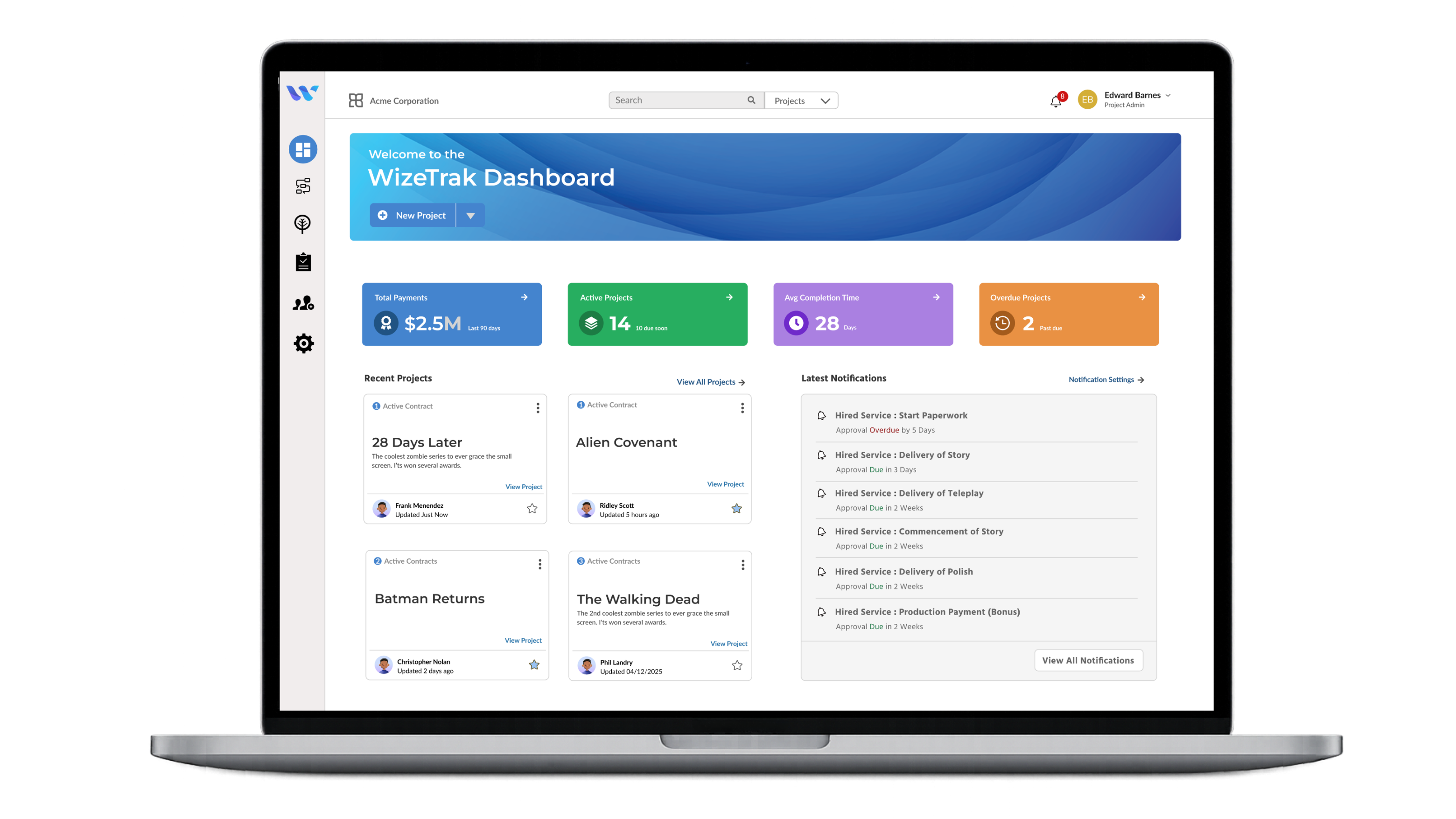 WizeTrak application dashboard on a laptop